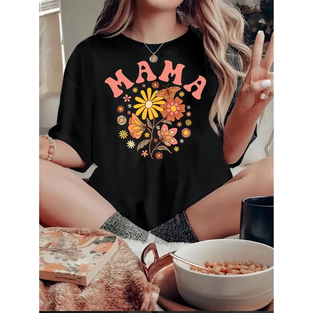 T-Shirt Femme Imprimé Floral Rose Chic - Col Rond Décontracté, Manches Courtes, Mélange Polyester Extensible, Lavable en Machine - Parfait pour la Fête des Pères, Fête des Mères, Nouvel An, Festival de Printemps