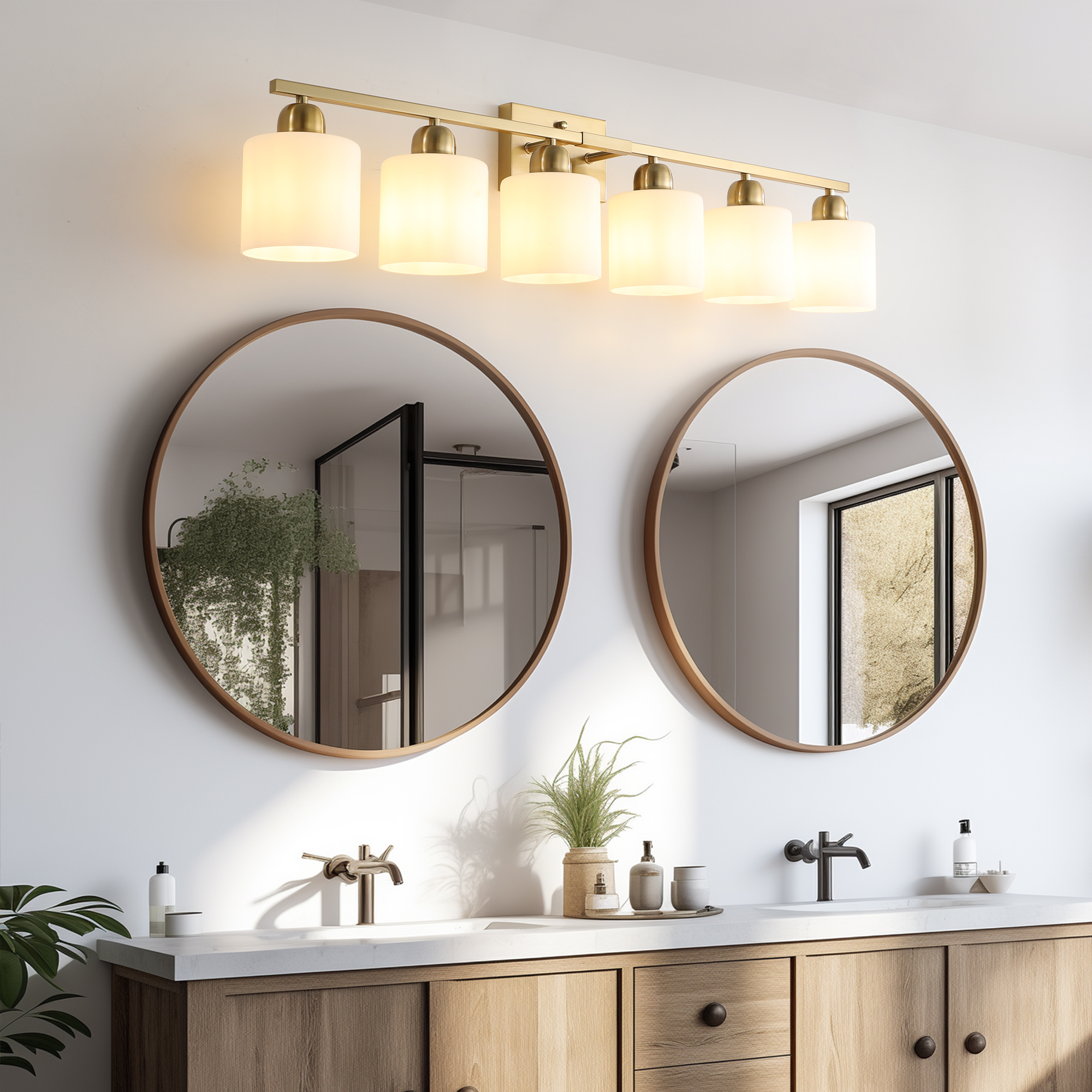 Leumius 6-Light Bathroom Vanity Light Fixture, Modern Vanity Light Over Mirror, Wall Sconces with Milky White Frosted Glass Shades for Mirror, Bathroom, Bedroom and Hallway Gold (No Bulbs)