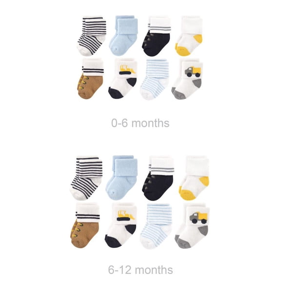Luvable Friends Infant Boy Grow with Me Cotton Terry Socks, Yellow Bulldozer, 0-6 and 6-12 Months
