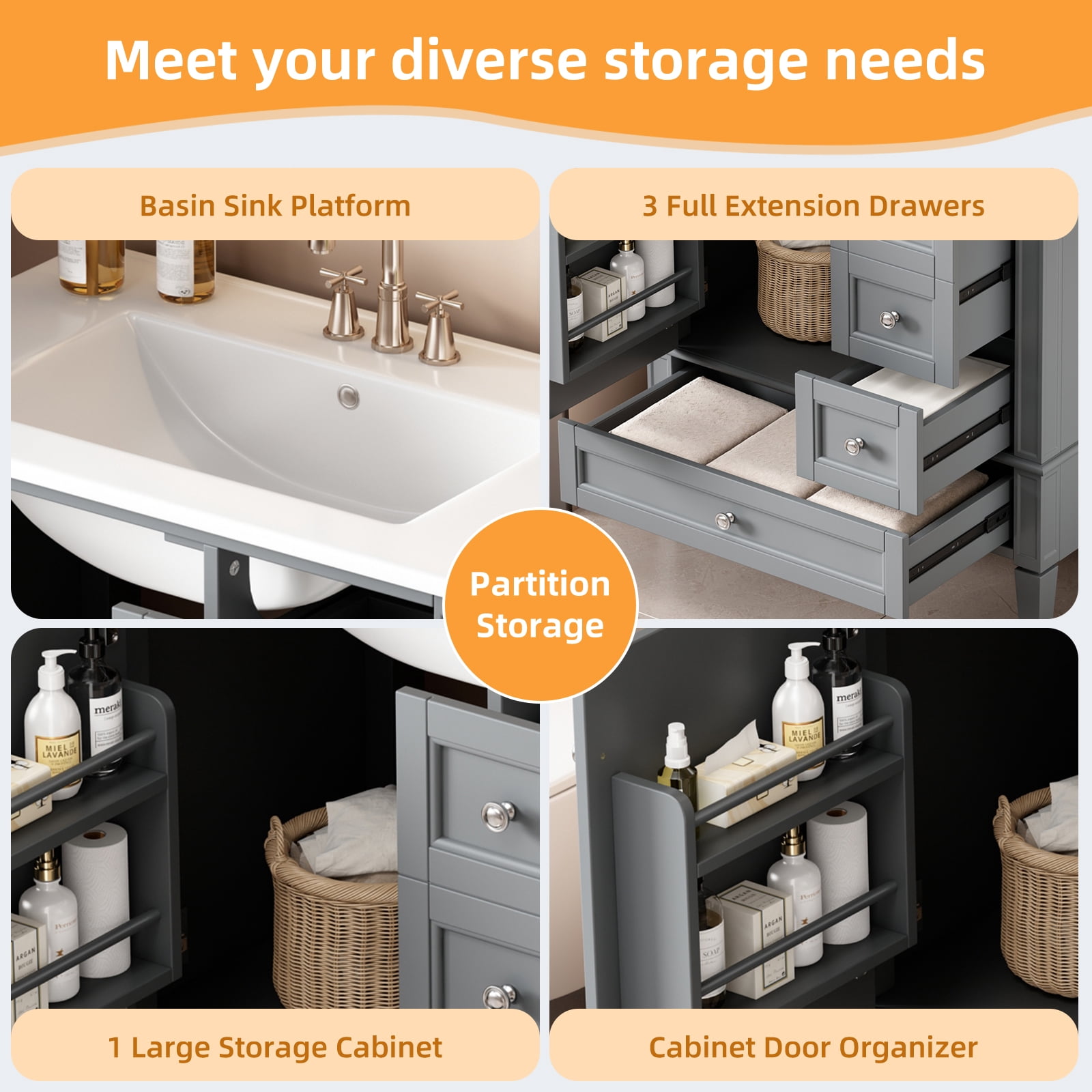 Euroco 30 Inch Bathroom Vanity with Ceramic Sink, Grey Bathroom with 3 Drawers, Solid Wood Frame Modern Bathroom Storage Cabinet , Ideal for Home