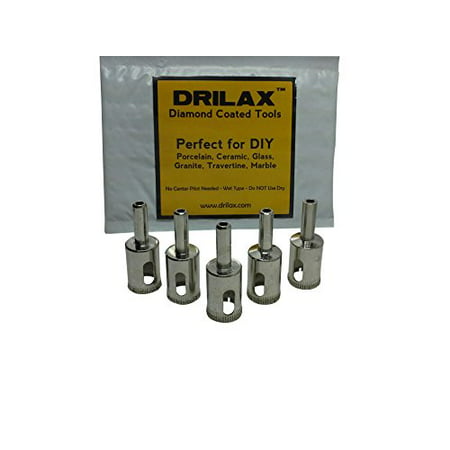 Drilax 5 Pcs Diamond Drill Bit Set 3/4 inch  (0.75 In) Wet Use for Tiles, Glass, Fish Tanks, Aquarium, Marble, Granite, Ceramic, Porcelain, Bottles, Quartz - Lot 5 Diamond Coated Drills -
