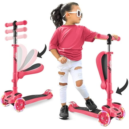 ScootKid 3-Wheel Kids Scooter - Child & Toddler Toy Scooter with Built-in LED Wheel Lights  Fold-Out Comfort Seat (Ages 1+) (Watermelon)