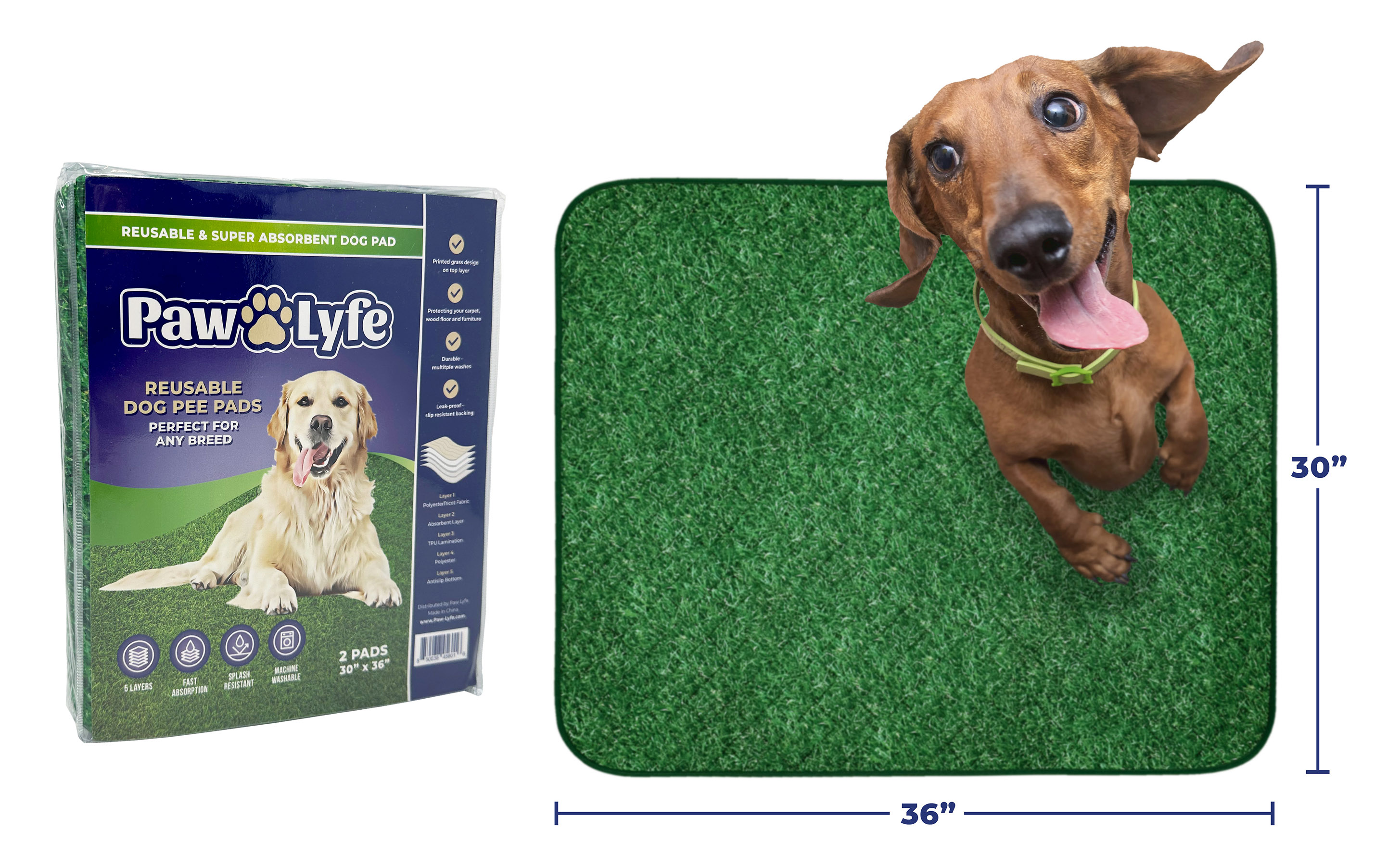 PawLyfe Dog Pee Pads, Reusable Puppy Pads, Pet Training Pads, Large Dog Pee Pad, Waterproof Pet Pads for Dog Bed Mat, Whelping Pads, Two 30"x36" Pads with Printed Grass Design