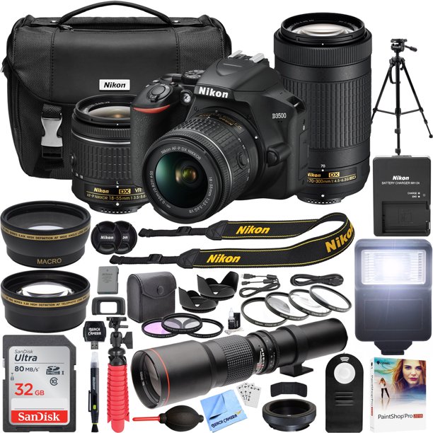 Nikon D3500 Dslr Camera With 2 Lens Nikkor Af P Dx 18 55mm F 3 5 5 6g Vr And 70 300mm F 4 5 6 3g Ed Dual Zoom Lens Bundle With 500mm Preset F 8 Telephoto Lens And Accessories 22 Items Nikon D3500 Dslr Camera With 2 Lens Nikkor Af P Dx 18 55mm F 3 5 5 6g Vr And 70 300mm F 4 5 6 3g Ed Dual Zoom Lens Bundle With 500mm Preset F 8 Telephoto Lens And Accessories 22 Items