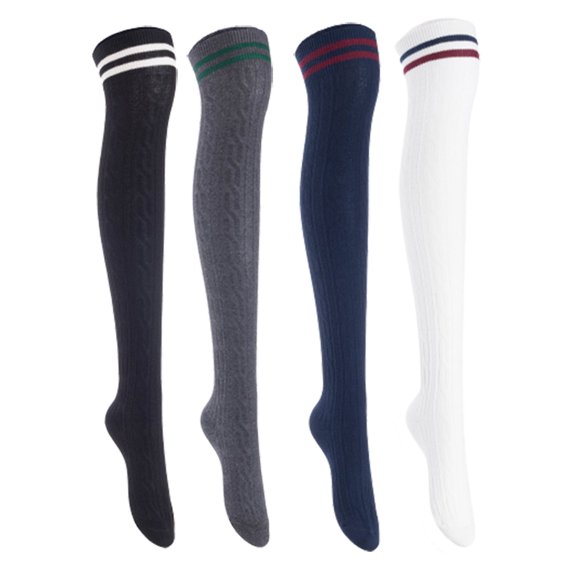 Lian Lifestyle Women's 4 Pairs Incredible Durable Super Soft Unique Over Knee High Thigh High Cotton Socks, Size US 6-9, JMYP1023 Black, Dark Gray, Navy, White