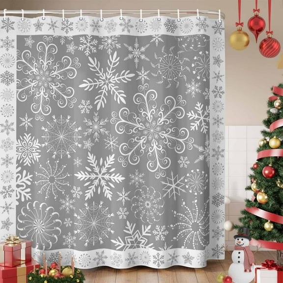 Snowflakes Christmas Shower Curtain, Grey Xmas Winter Vintage Waterproof Fabric Shower Curtains with 12 Hooks, Bathroom Curtain Set for Bathroom Accessories Decor, 36 x 72 Inches