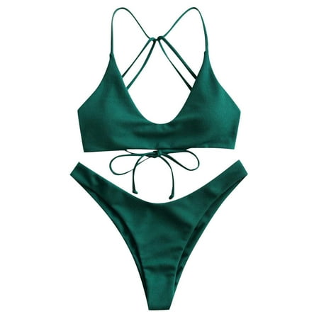 Cathalem Women Swimsuit Bikini Set High Waisted Push Up Cheeky Drawstring Two Piece Bathing Suit (Green S)