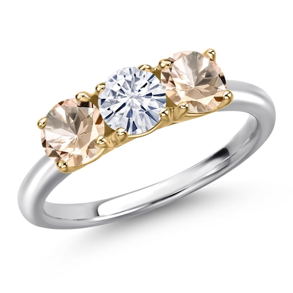 Gem Stone King 10K Two Tone Gold White Moissanite and Peach Morganite Engagement Ring for Women | 1.30 Cttw | Round 5MM | Gemstone Birthstone | Size 8