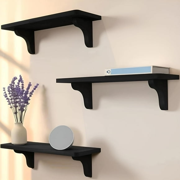 shiyou-Real Wood Black Shelves for Wall - 17 inch (3 Pack) - Easy to Install, Template and Video Included - Black Wall Shelf, Mounted Wall Bedroom Shelves for Wall Decor