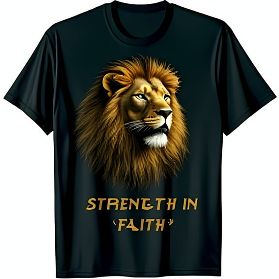Roaring Lion Face Black T-Shirt Bold Strength in Faith Design