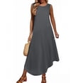 thumbnail image 5 of Short Sleeve Dresses for Women Solid Color Loose Sleeveless Round Neck Side Buttons Irregular Dress A-Line Party Dress with Pockets, 5 of 7