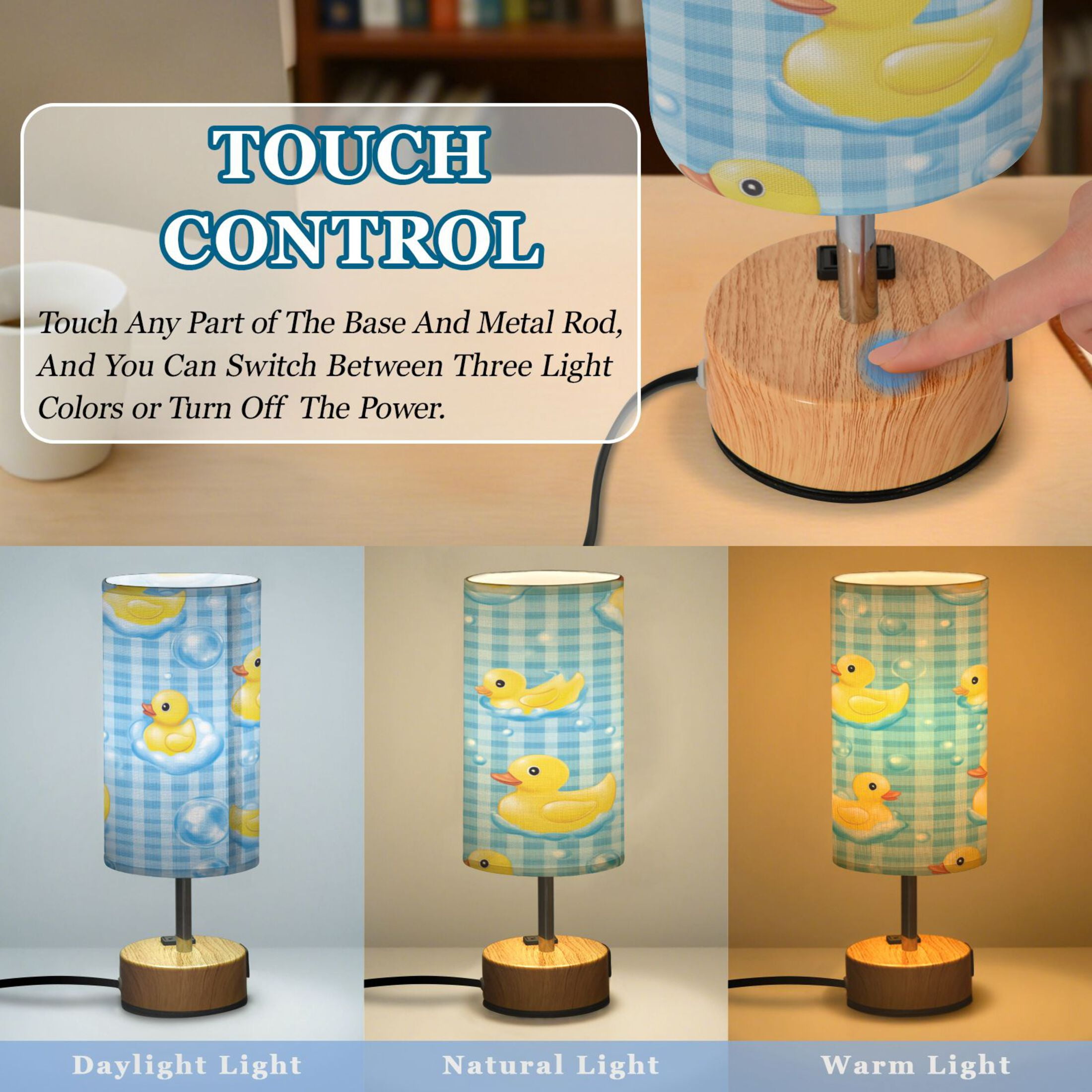 Touch-Control 3-Color Desk Lamp with Plug – Energy-Saving LED + 3 Simultaneous Charging Ports Yellow Rubber Ducks