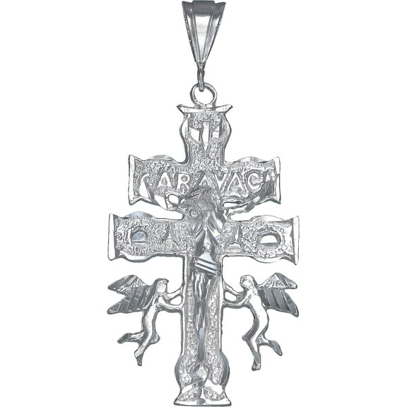 Sterling Silver Caravaca Cross Pendant Necklace Diamond Cut Finish with Chain