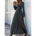 thumbnail image 3 of Women Deep V Neck Long Sleeve Slit 2025 Fall Elegant Formal Wedding Evening Date Prom Maxi Long Dress Dark Gray L, 3 of 7