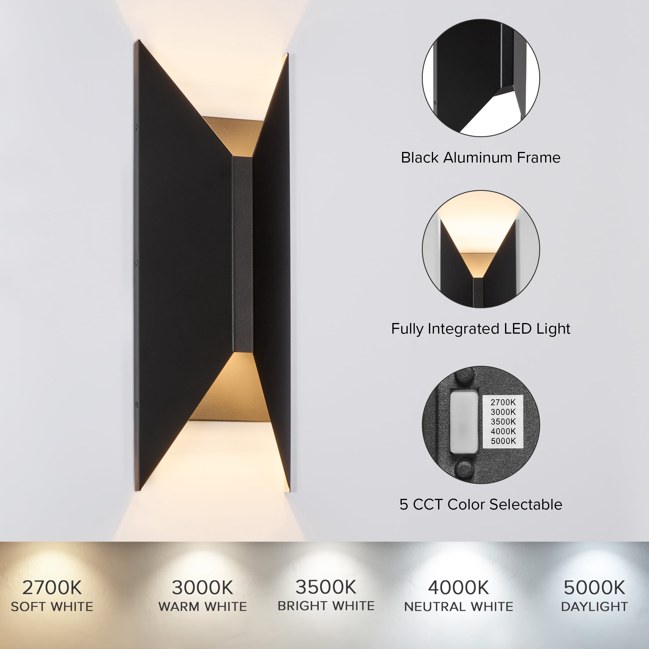 Maxxima Black Outdoor LED Wall Wash, Up and Down, Hardwired, Sconce, Modern Porch Light, 1000 Lumens, 5 CCT 2700K-5000K