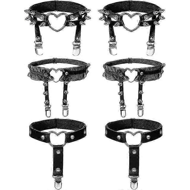 6 Pieces Heart Garter Set Rivet Heart Garter, Lace Heart Garter, Faux Leather Thigh Ring Garter Belt Adjustable Leg Garter Punk Gothic Garter with Ant