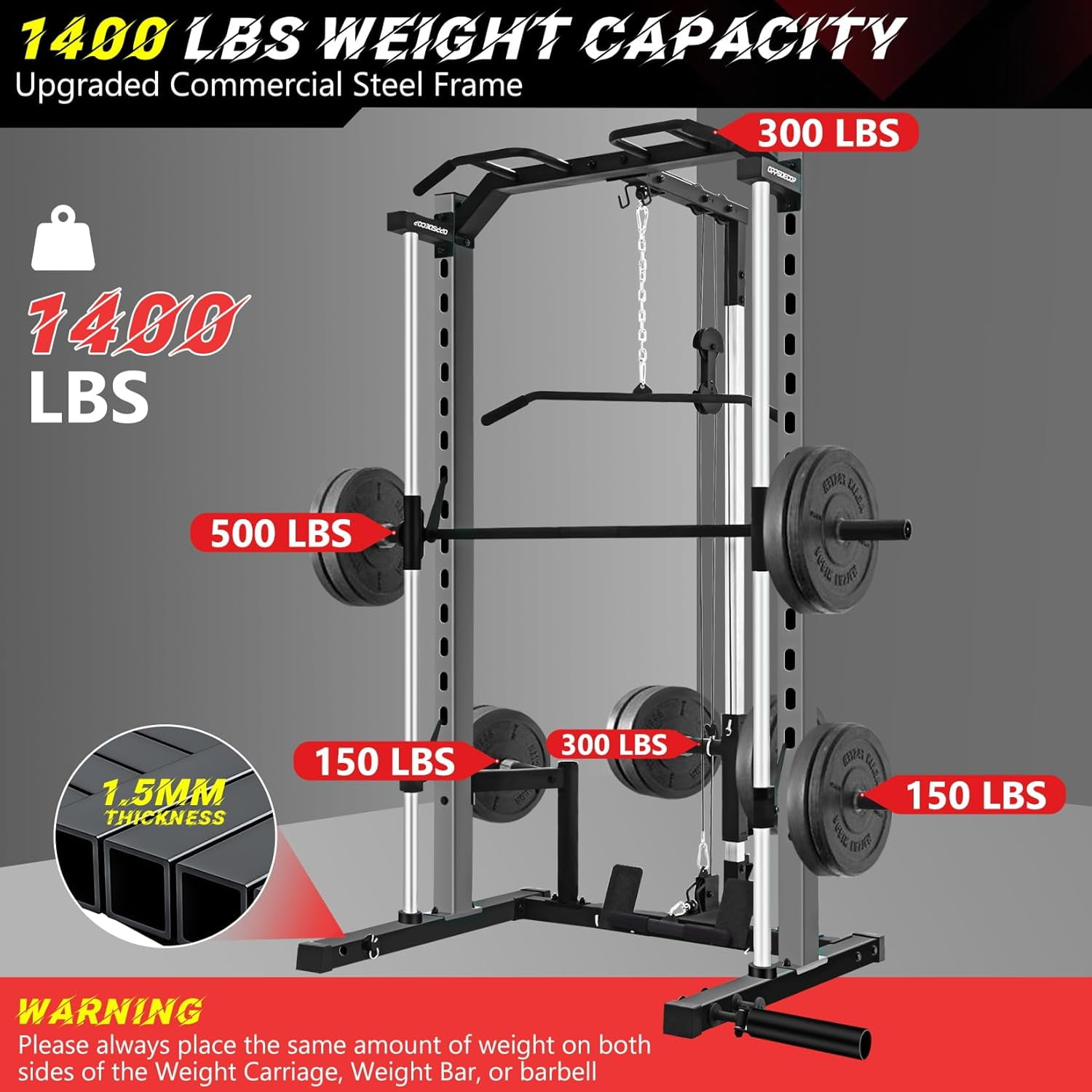VIBESPARK Smith Machine Squat Rack, All-in-One Power Rack Cage with LAT-Pull Down System & Cable Machine, Power Cage with Barbell Bar, Weight Storage and More Attachment for Home Gym Workout