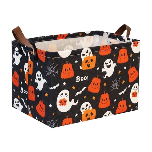 Canvas Candy Storage Basket,Foldable Rectangular Gift Basket with Handles,Pumpkin Ghost Pattern Decor Organizer Bin for Household Sundry Sorting,White