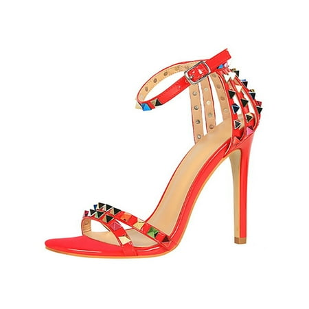

Gomelly Womens Dress Shoes Studded Strappy Sandal Ankle Strap High Heel Sandals Comfort Heels Party Wedding Red 5.5