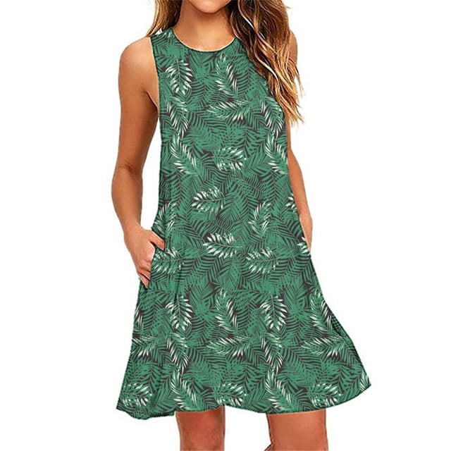 Robes de Plage Femmes Été Robes d'Été Femmes Plage Floral Sans Manches Robe d'Été Décontractée Poches Robe Bohème Robe T-Shirt Femmes Été Robe Florale pour Femmes Été Robe Bohème pour Femmes