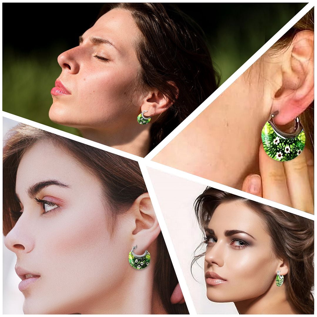 Green Murano Style Millefiori Glass Hoop Earrings for Women Daisy Flower Stainless Steel Jewelry Ct. 30 Birthday Christmas Gifts