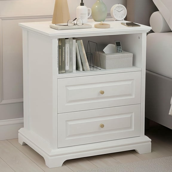 White Nightstand with 2 Drawers & Open Shelf, Modern Bedside End Table 21.2”x16.5”x24”