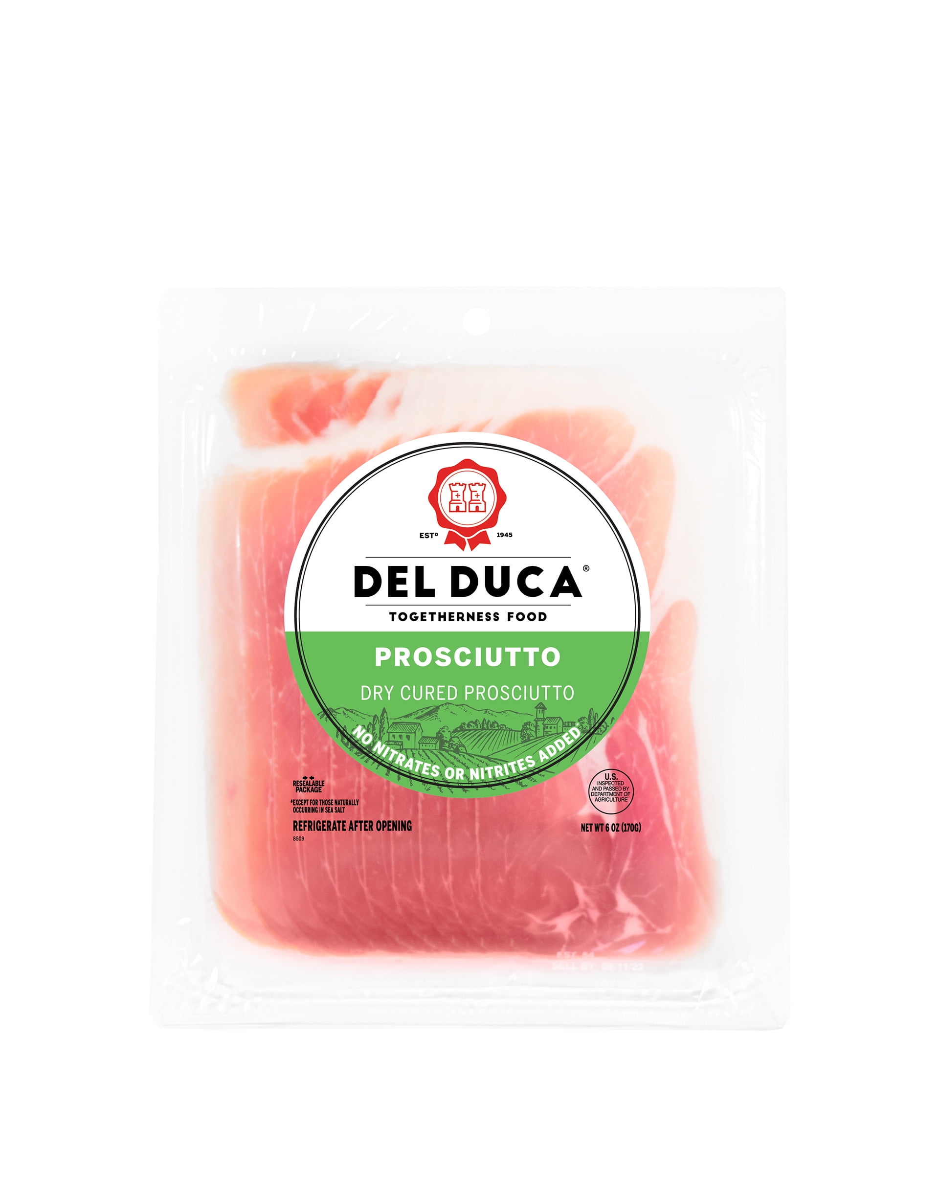 Del Duca Charcuterie, Dry Cured Prosciutto, Sliced Pork Deli Meat, 6 oz