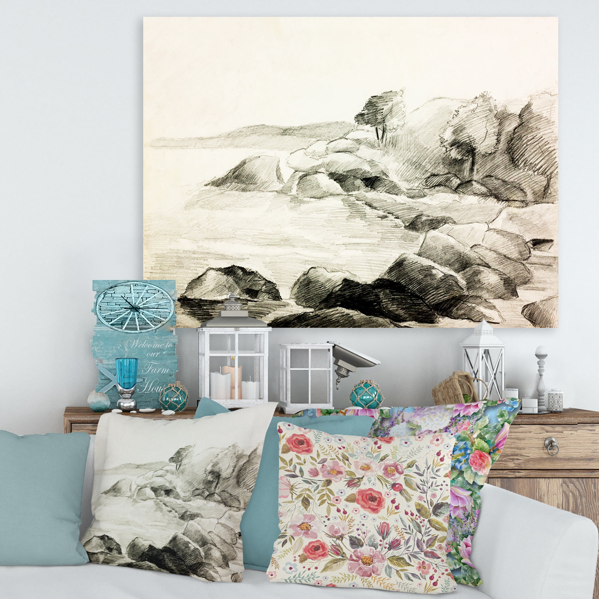 Designart ' Black and White Lake Shore ' Nautical & Coastal Canvas Wall Art Print