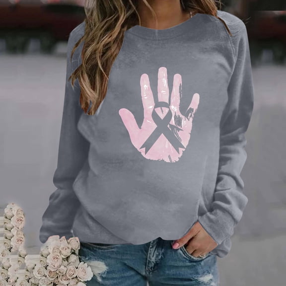 qelini Breast Cancer Awareness Shirt Casual Pullover Blouse Wowen's Graphic Tees Long Sleeve Shirts Fall Winter Crewneck Comfy Shirts Gray L