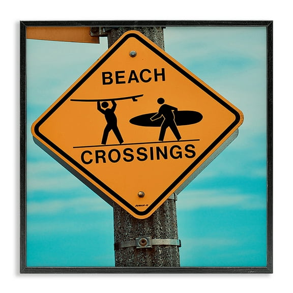 Stupell Industries Beach Crossing Sign Nautical & Beach Photography Black Framed Art Print Wall Art, 12 x 12