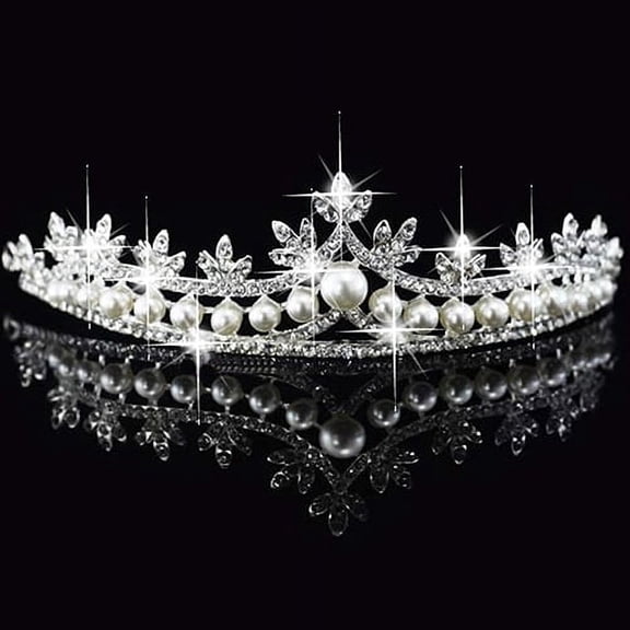 NUZYZ Dazzle Rhinestone Imitation Pearl Leaf Shaped Crown Tiara, Silver