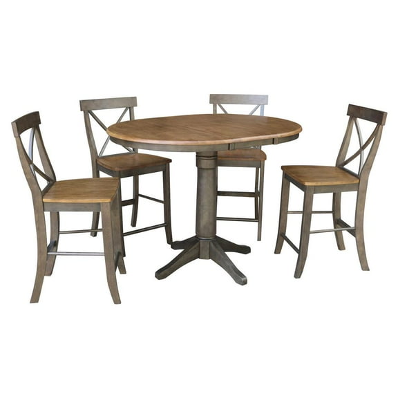 36" Round Wood Extension Counterheight Table and 4 Stools in Hickory/Washed Coal