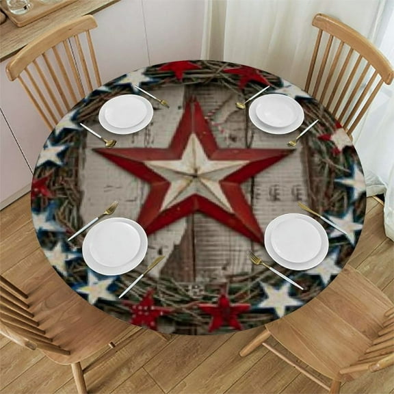 Round Fitted Tablecloth with Elastic Patriotic Stars Tablecloths Rustic Wood Table Cover for Kitchen Dinner Memorial Day Party Picnic