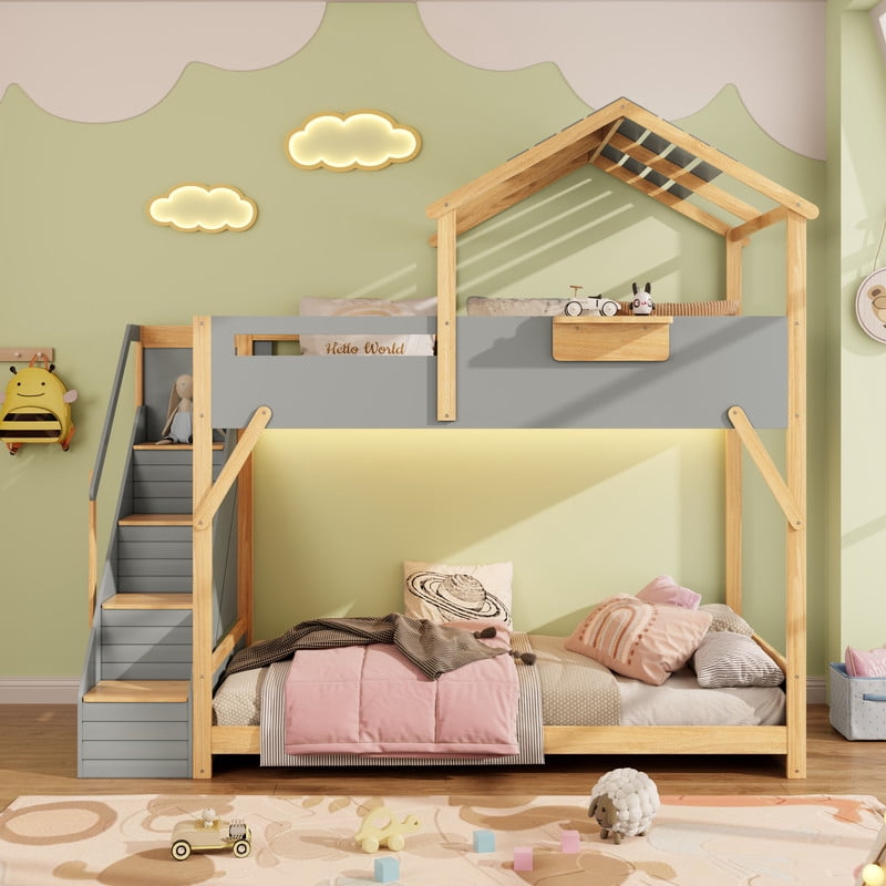 Twin over Twin House-Shaped Bunk Bed with Roof & Stairs, Kids Bed Frame with 3-Color LED Lights & Bedside Storage Shelf