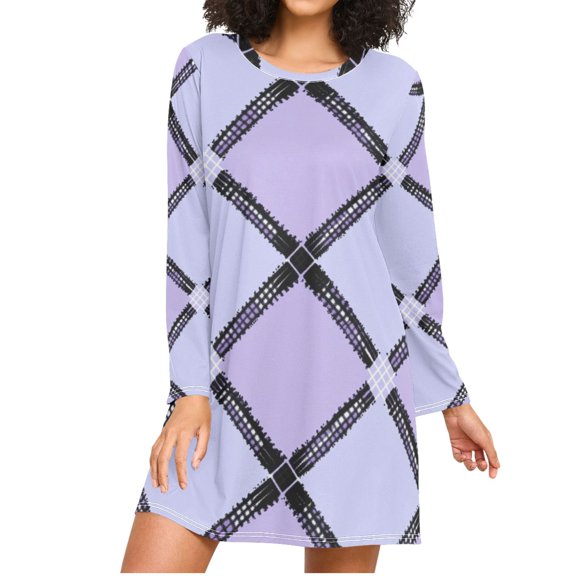 Tartan Plaids in Purple Black Women's Long Sleeves Nightgowns Sleepwear Soft Pajama A-line Sleep Dress S