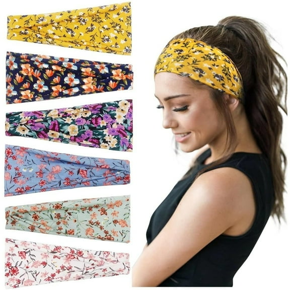 6-Pack Floral Print Boho Headwraps, Soft Stretchy Hair Bands for Women, Fashion Non-Slip Headband for Workout, Yoga, Daily Use in Summer