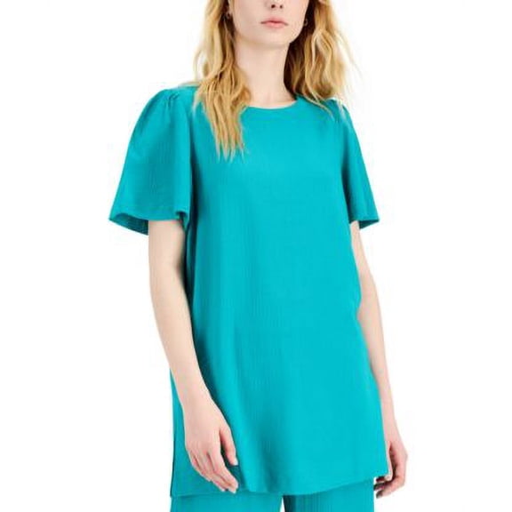 MSRP $70 Alfani Women Short-Sleeve Crinkle Tunic Blouse Green Size Small