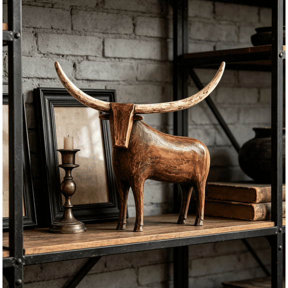 Vintage Longhorn Bull Sculpture, Artisan Finished Rustic Longhorn Figurine, Southwest Farmhouse Table Decor, Ideal Housewarming Gift for Western Art Enthusiasts,Fall Decorations for Home