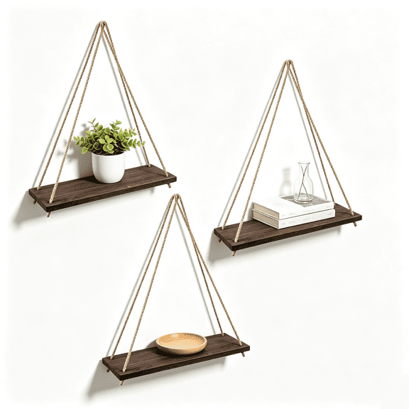 Wood Hanging Shelves Set of 3, Rustic Boho Wall Display Organizer