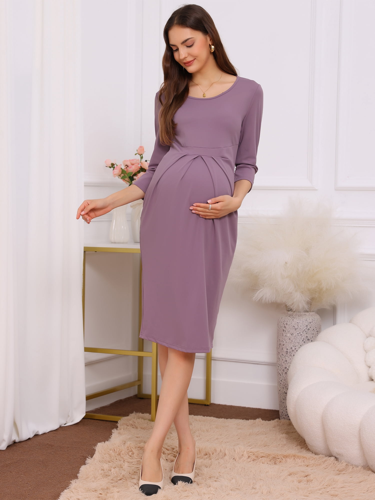 DARING DIVA Women's A-line 3/4 Sleeves Front Pleated Maternity Dresses S Mauve