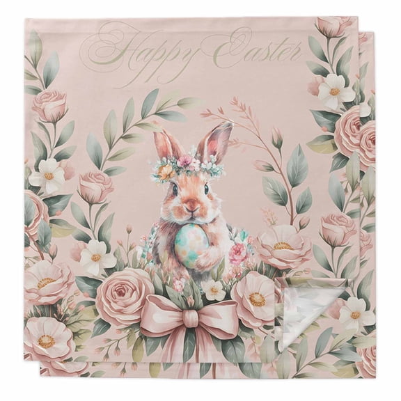 Easter Bunny Cloth Napkins, Cute Pink Rabbit Rose Flowers Pastoral Botanical Washable and Reusable Dinner Napkins Set of 2, Table Napkin for Kitchen Party Birthday Wedding Hotel Housewarming 20"x20"