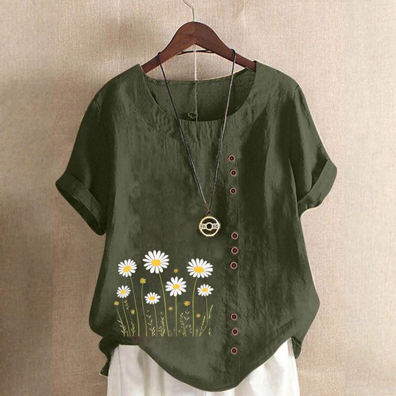 Runfenguu Women'S Athletic Shirts & Tees Basic Tees For Women Women'S Printed Button Short Sleeve T-Shirt Comfortable And Casual Loose Womens Summer Top