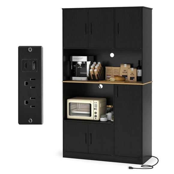 Costway 71" Tall Kitchen Pantry Cabinet with Charging Station Microwave Stand & Doors Black