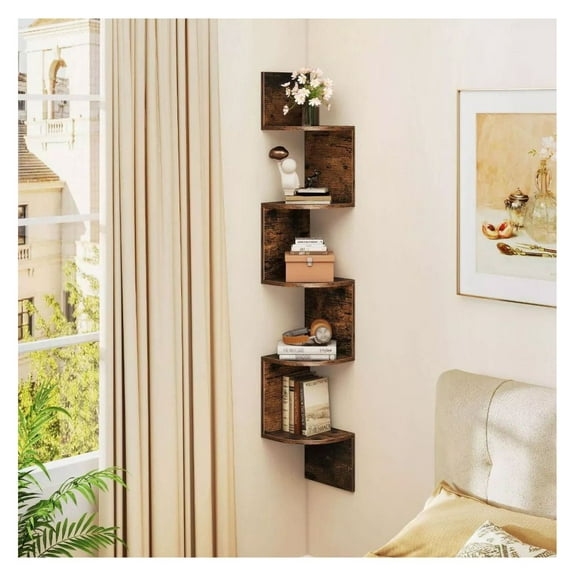 5-Tier Corner Shelf, Floating Bookshelf Wall Mounted, Storage Organizer for Living Room, Bedroom, Rustic Brown, Engineered Wood, 8" x 8" x 50", 75 lbs Capacity