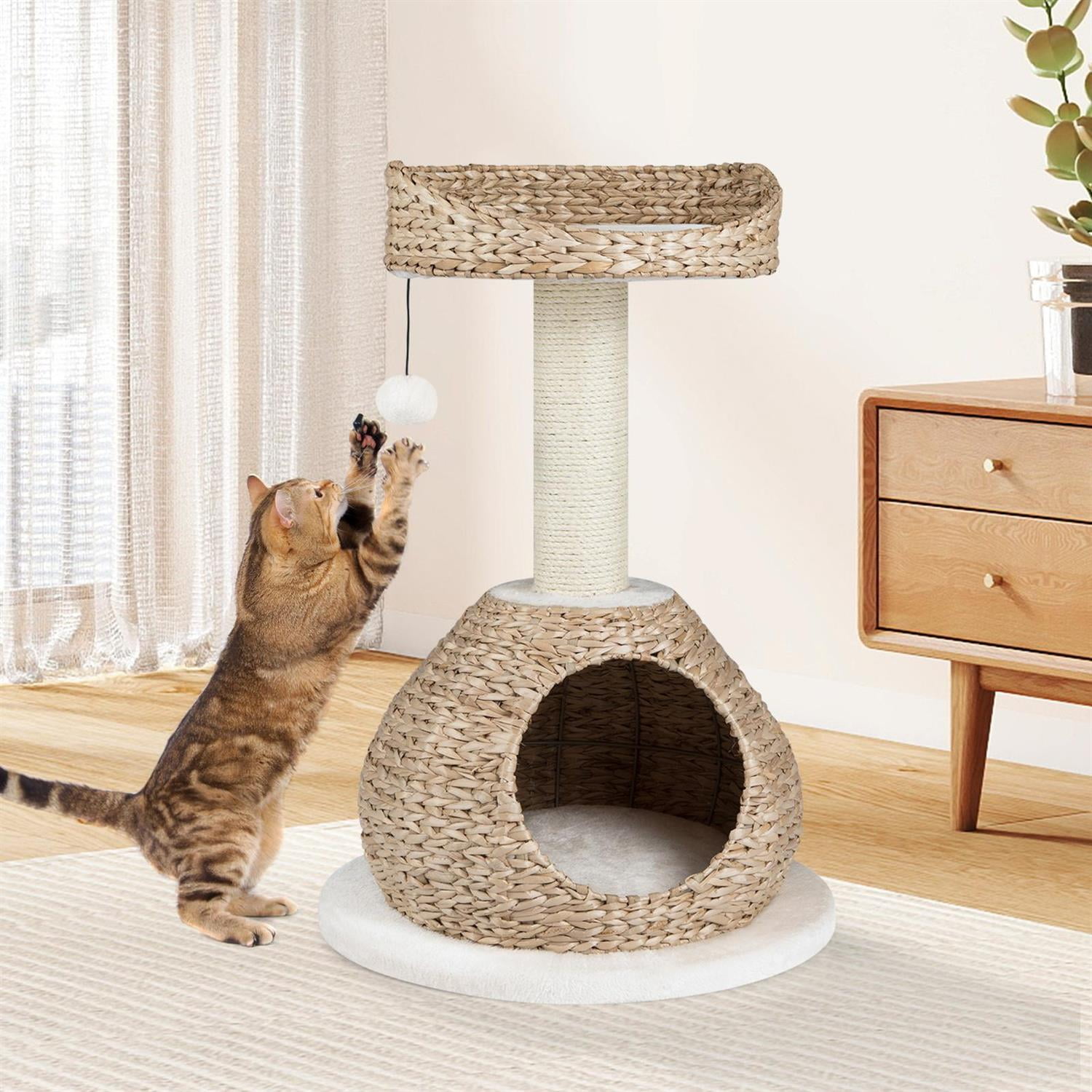Pefilos 28" Hand-Made Cat Tree, Jump Platform & Sisal Scratching Post, Cat House & Rattan Weave, White