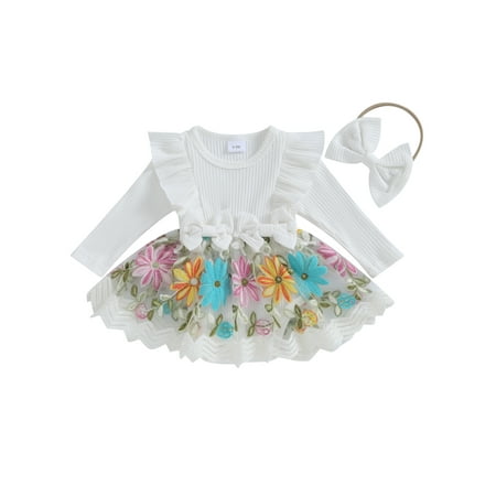 

Baby Long Sleeve Floral Embroidery Tulle Romper with Headband