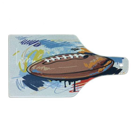 Sports Cutting Board, Diamond Shape Rugby Ball Sketch with Colorful Doodles Professional Equipment League, Tempered Glass Cutting and Serving Board, Wine Bottle Shape, Multicolor, by Ambesonne