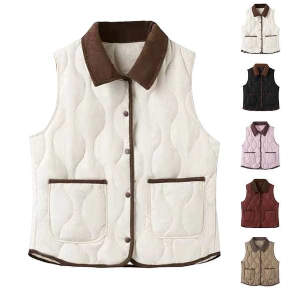 Ashirexll Puffer Vest Women, Womens Winter Coats, Thin Solid Color Sleeveless Turndown Neck Button Pocket Bottoming Layer With Waistcoat