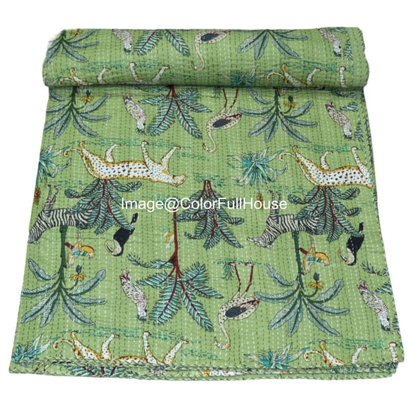 Indian Handmade Animal Print Cotton kantha Quilt, Village art gudri,Hand Stitch Quilt ,Bedspread, Blanket Size ( King 108" x 108" )