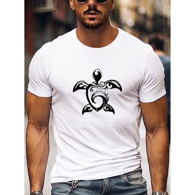 Men's Casual Geometric Print T-Shirt - Stretchy, Breathable Fabric, Round Neck, Short Sleeve